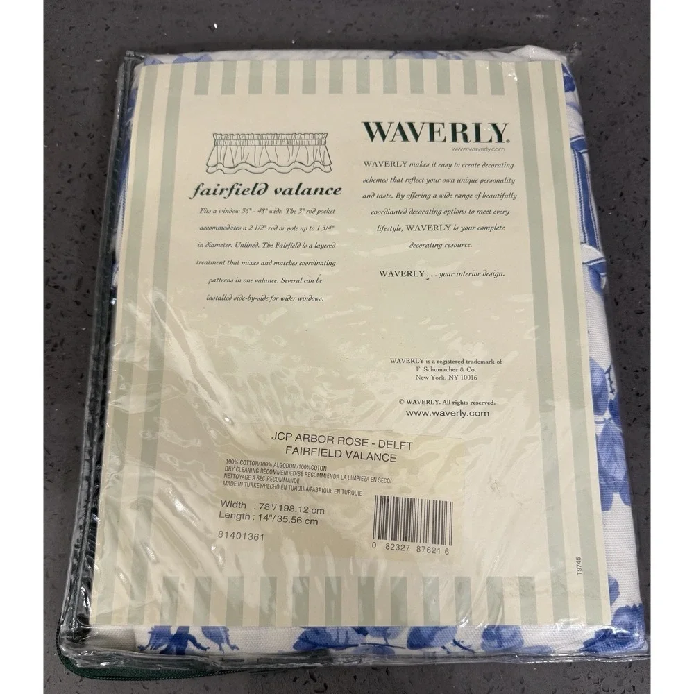 Vtg WAVERLY Fairfield Valance Arbor Rose Delft Blue Floral Stripes 78